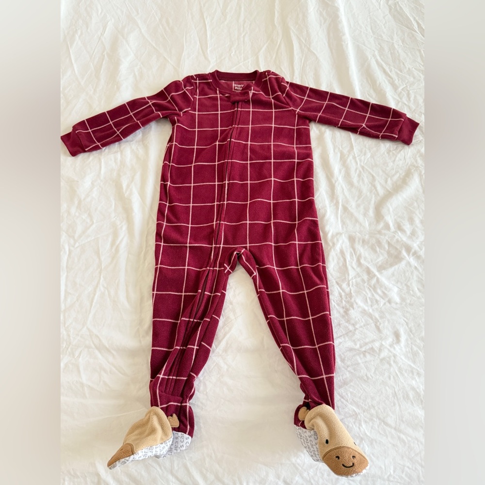 Carter's Red Reindeer Fleece Bodysuit Footie Sleeper Toddler 2T
